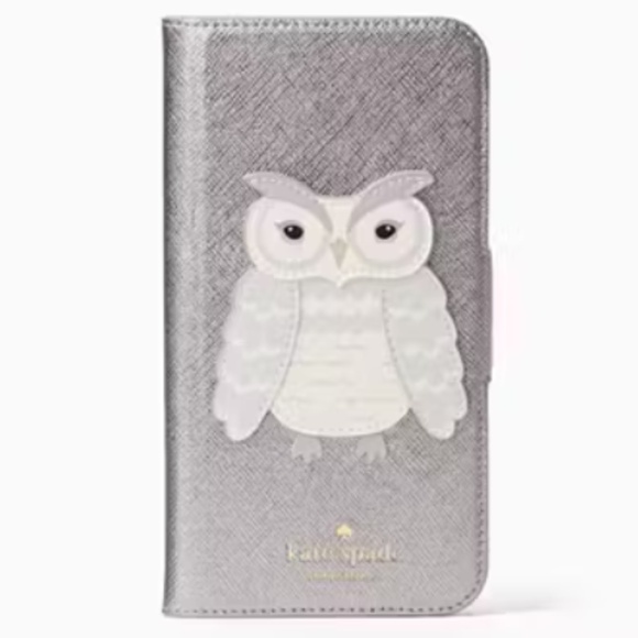 Kate Spade Owl Applique Folio Leather iPhone X & Xs Case Silver - Picture 1 of 10